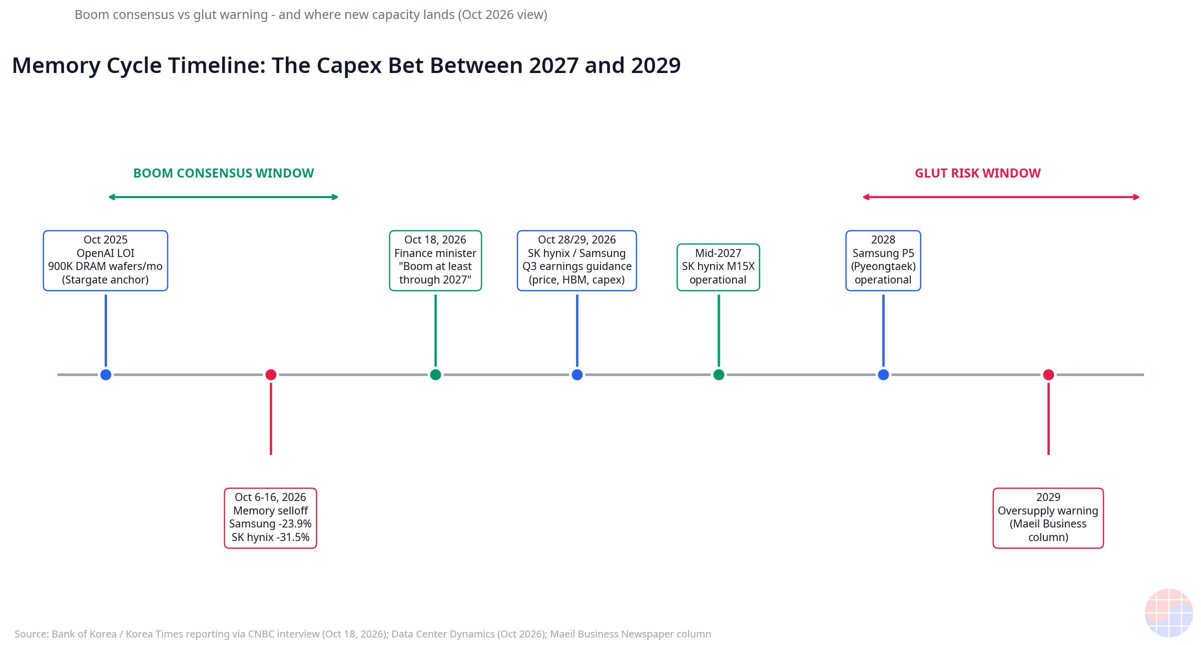 Memory cycle timeline: boom consensus through 2027 vs glut warning 2029, with capacity markers (M15X mid-2027, Samsung P5 2028)