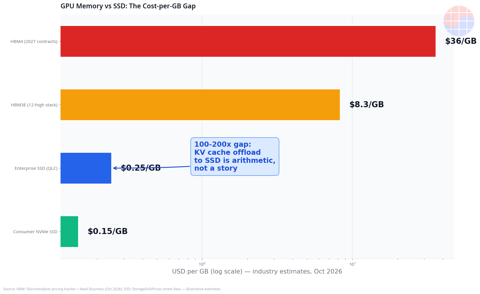 GPU memory vs SSD cost-per-GB gap: HBM4 2027 contracts (~$32+/GB) vs enterprise SSD (~$0.15-0.35/GB) — a 100-200x gap (industry estimates)