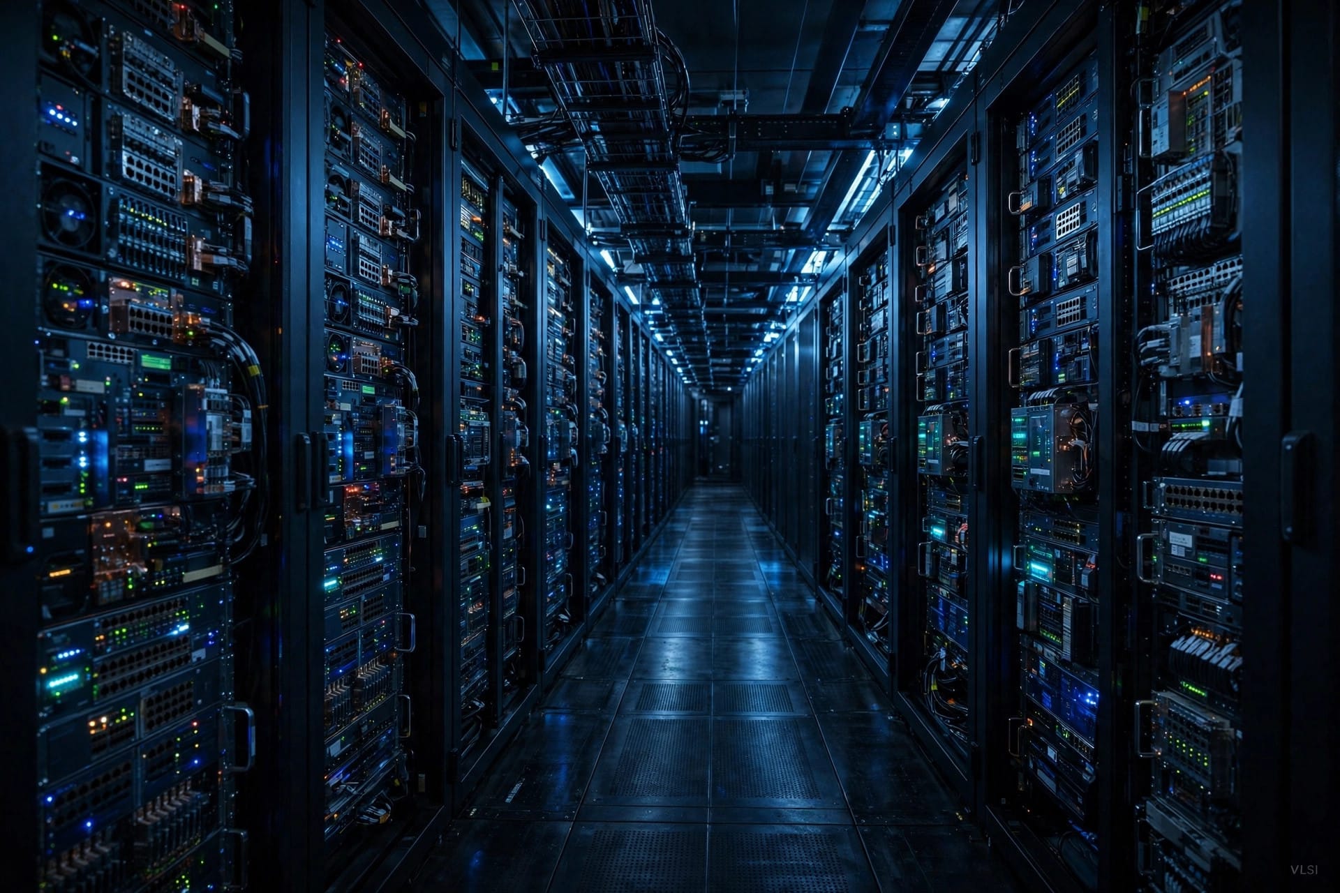 AI 데이터센터의 서버 랙과 전력 모듈 — TI의 데이터센터 매출은 전년 동기 대비 약 95% 성장했다. Source: Texas Instruments Q3 2026 earnings call (Oct 21, 2026)