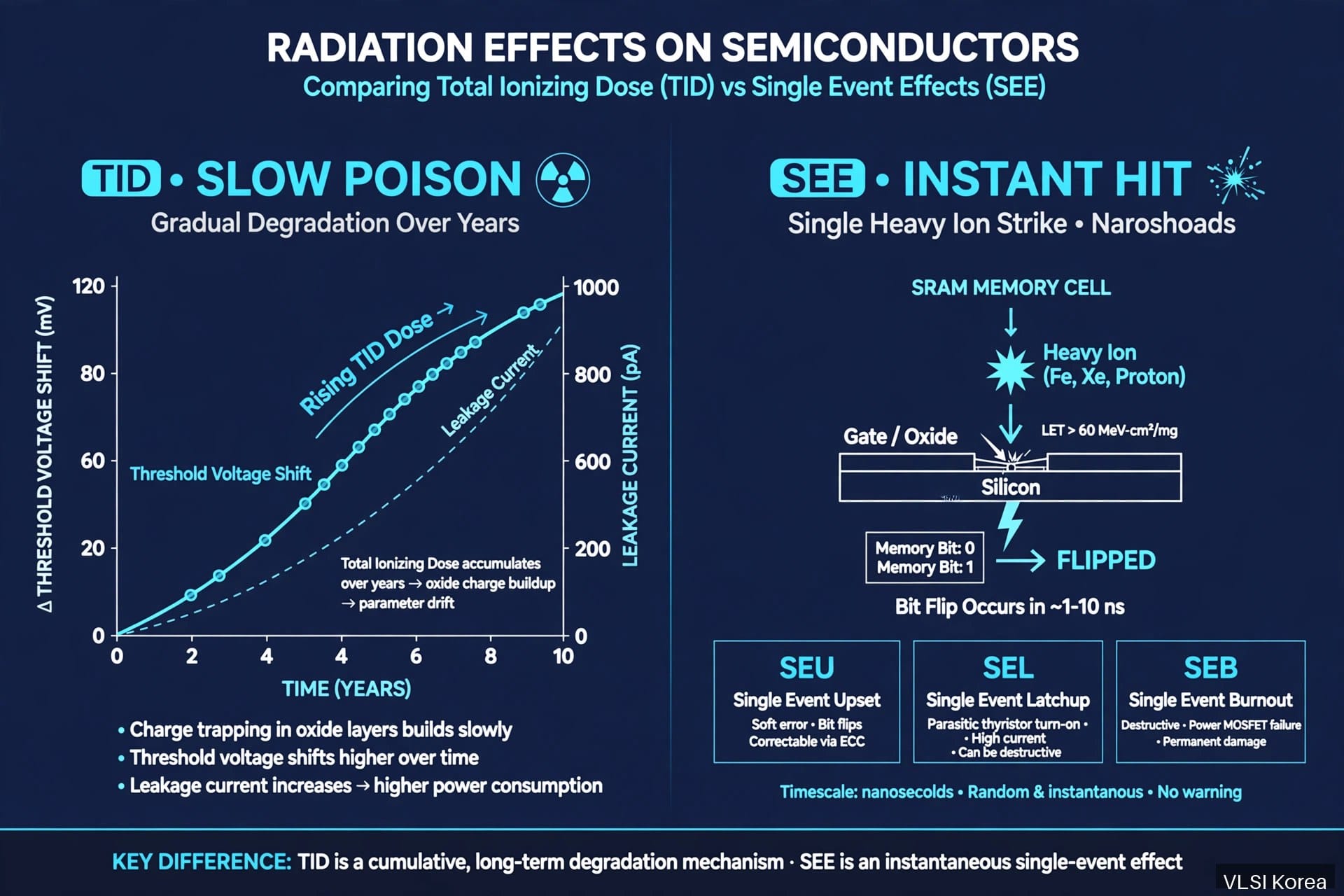 Infographic comparing total ionizing dose and single event effects on semiconductors