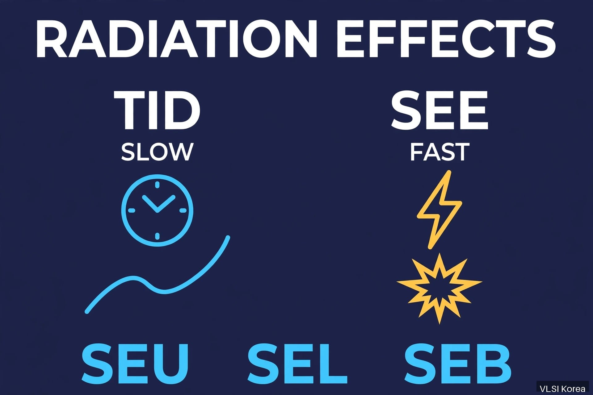 Minimal diagram: TID is slow, SEE is fast, with SEU SEL SEB labels