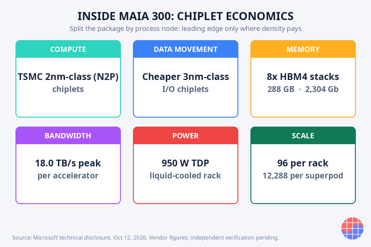 Infográfico de especificaciones con la estructura chiplet del Maia 300