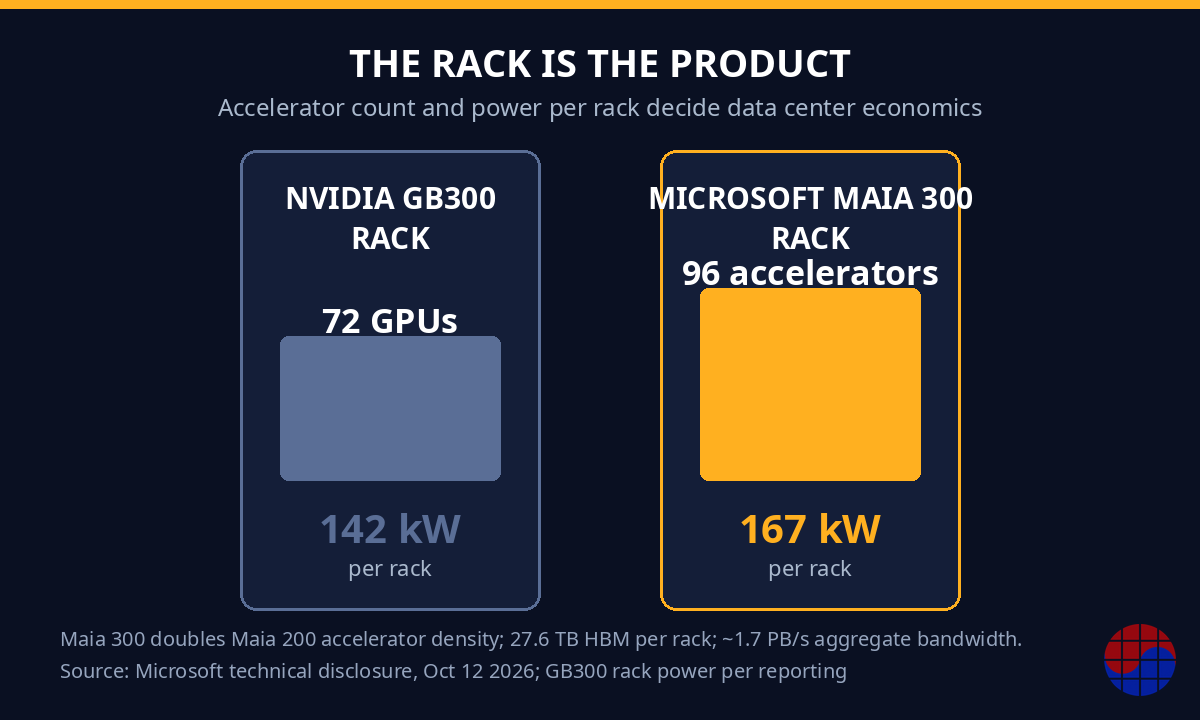 Gráfico comparativo de racks: Maia 300 frente al rack GB300 de NVIDIA — la unidad de competencia es el rack