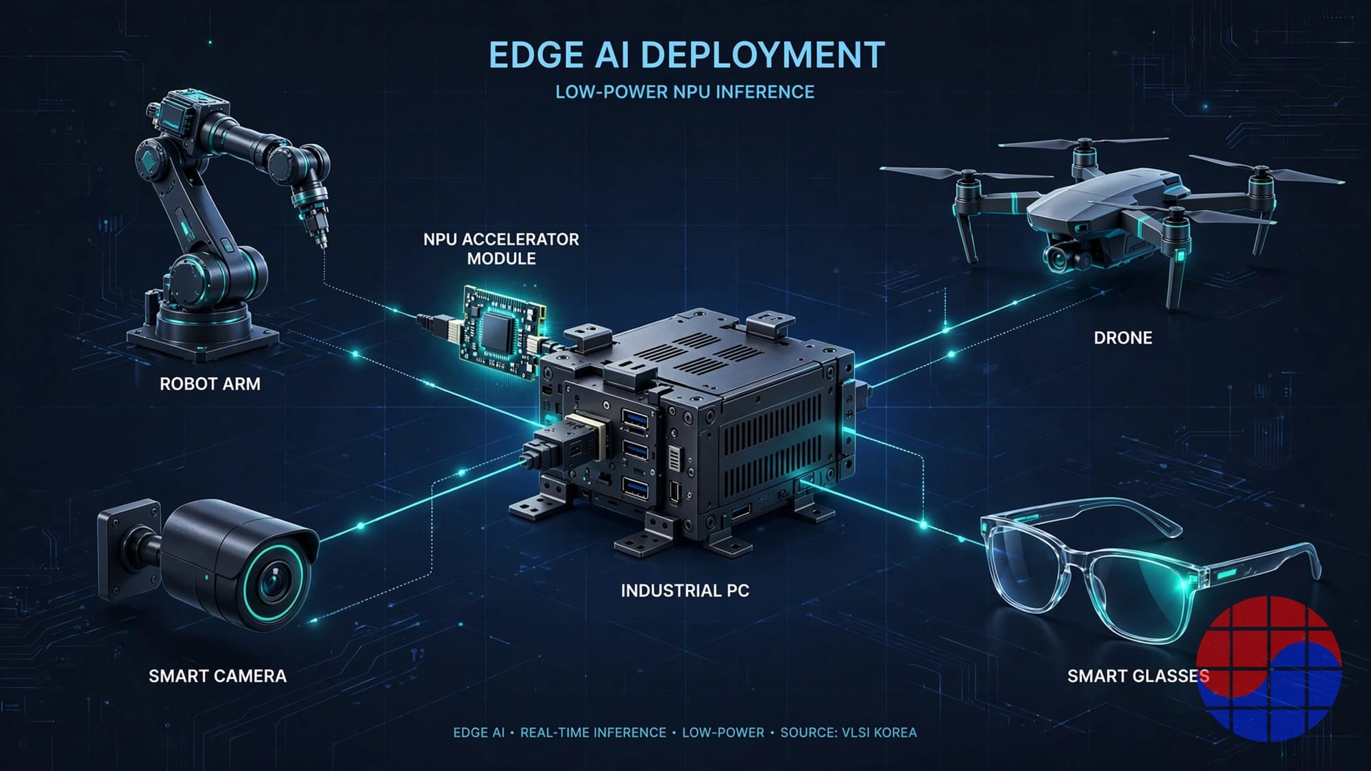 Edge devices — industrial PC, robot, drone, smart camera and smart glasses — using a low-power NPU