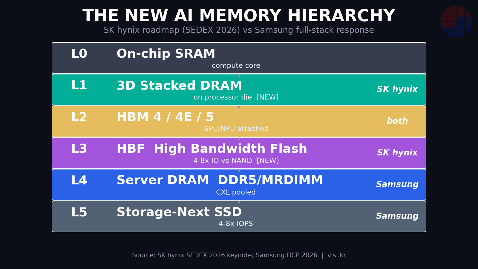 Mapa de la nueva jerarquía de memoria de IA: SRAM en chip → DRAM apilada en 3D (nuevo) → HBM → HBF (nuevo) → DRAM de servidor → SSD Storage-Next.