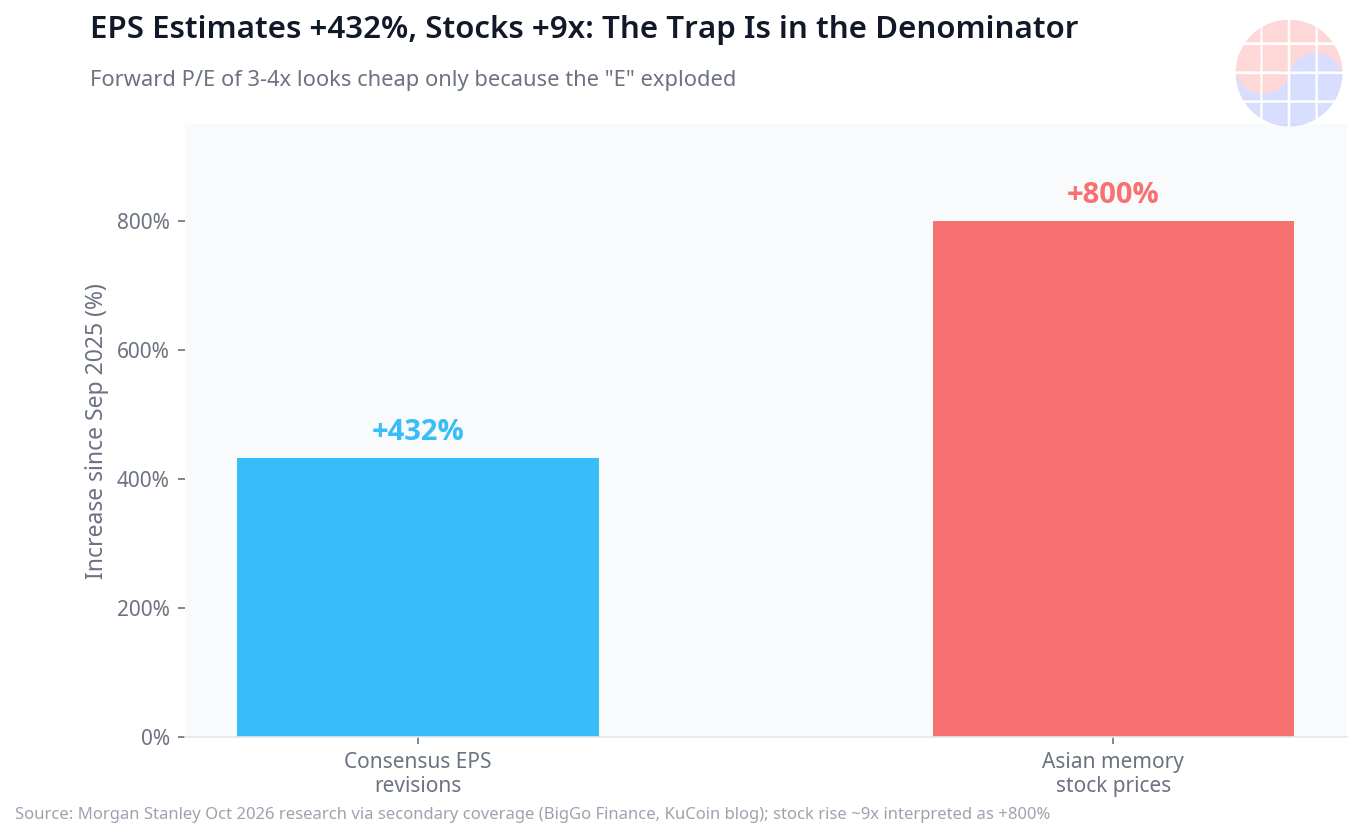 Consensus EPS estimates revised +432% vs ~9x stock rally since September 2025 — the 3-4x forward P/E looks cheap only because the "E" exploded (Morgan Stanley Oct 2026 via secondary coverage).
