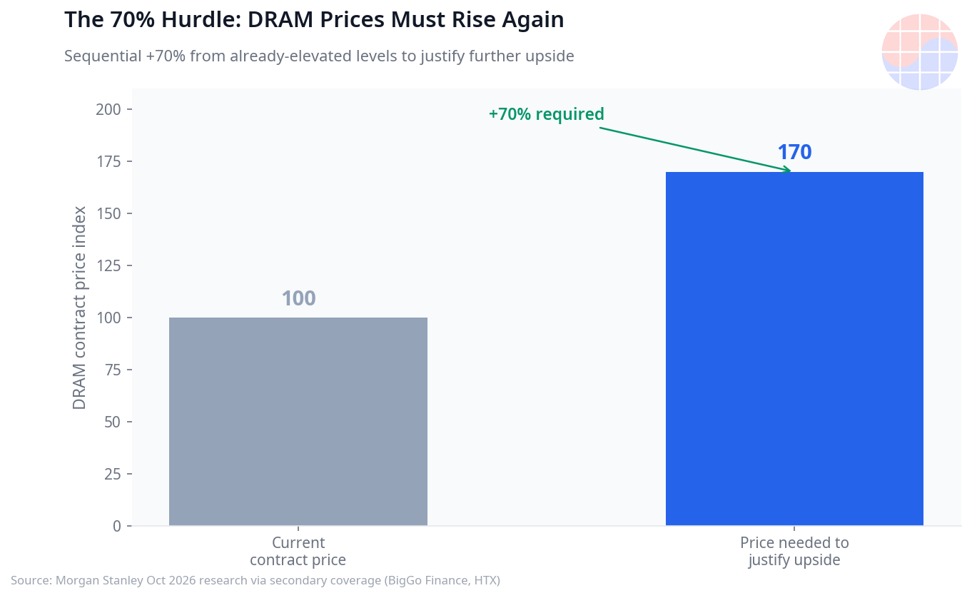 To justify further upside from current prices, DRAM contract prices would need to rise ~70% sequentially from already-elevated levels (Morgan Stanley Oct 2026 via secondary coverage).