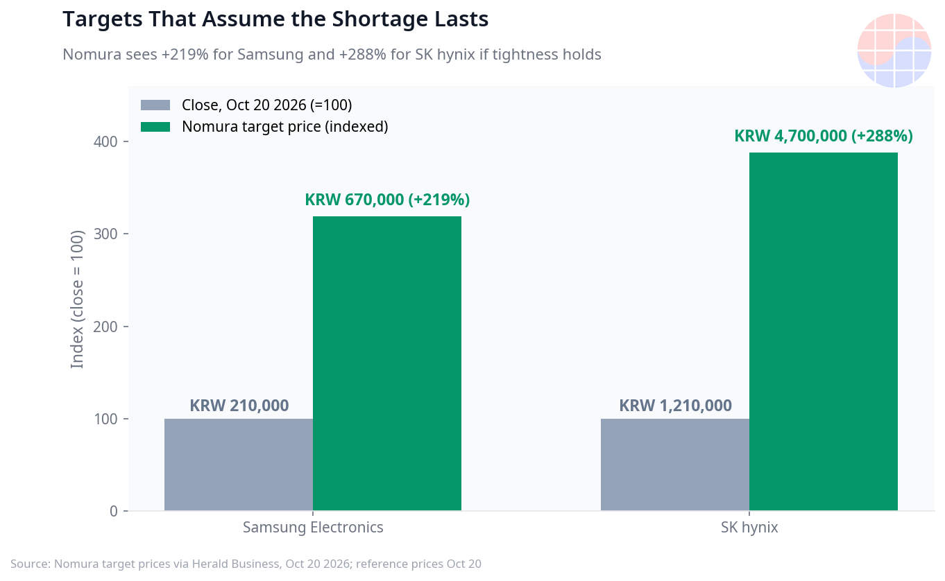 Reference price vs Nomura target price: Samsung Electronics KRW 210,000 vs KRW 670,000 (+219%); SK hynix KRW 1,210,000 vs KRW 4,700,000 (+288%). Nomura maintained Buy on both names (Herald Business, Oct 20 2026).