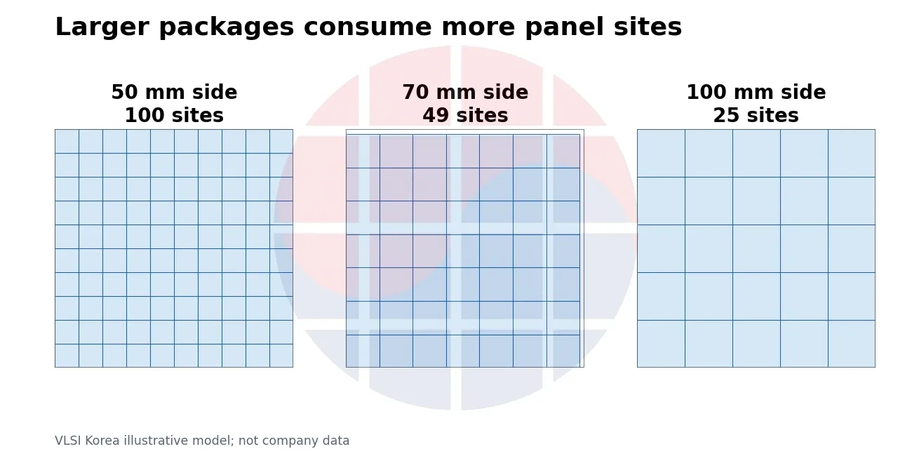 Larger packages consume more panel sites. Assumed usable panel: 500 x 500 mm. No streets, coupons or rotation. Sites = floor(500 / side)^2.