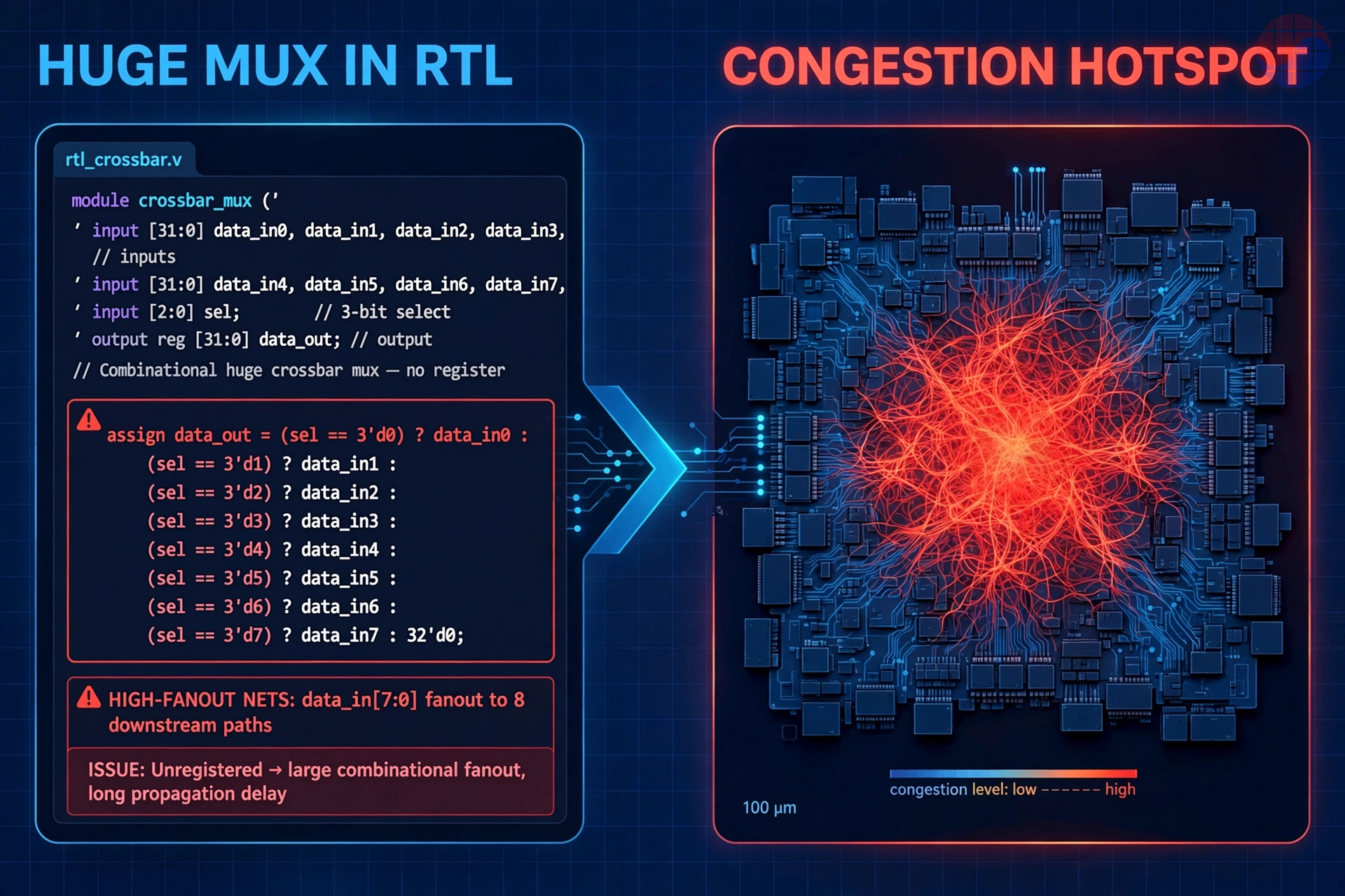 HUGE MUX IN RTL leads to CONGESTION HOTSPOT: an unregistered crossbar multiplexer in Verilog creates a red congestion hotspot on the chip floorplan