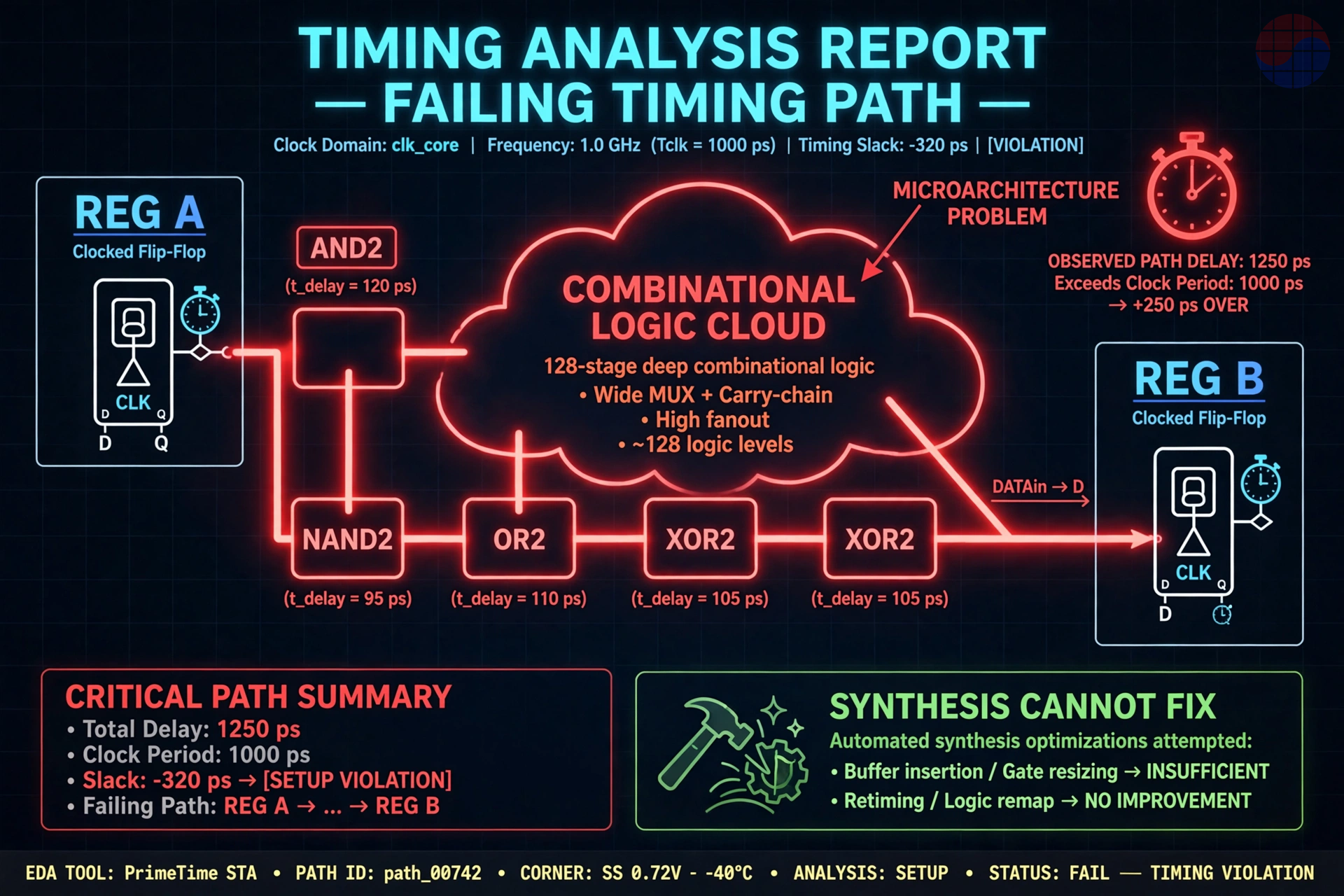 TIMING ANALYSIS REPORT: a failing timing path with 128-stage deep combinational logic that synthesis cannot fix — a microarchitecture problem, not a tool problem