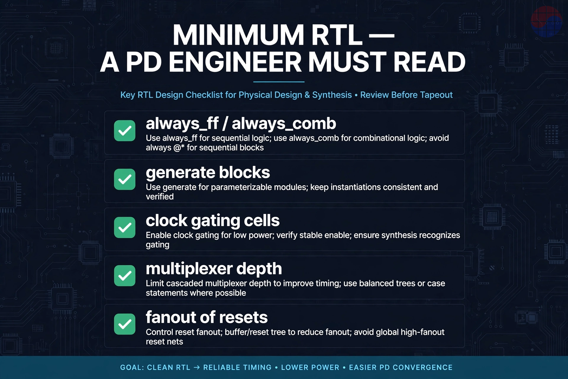 MINIMUM RTL A PD ENGINEER MUST READ: checklist of always_ff/always_comb, generate blocks, clock gating cells, multiplexer depth, and fanout of resets