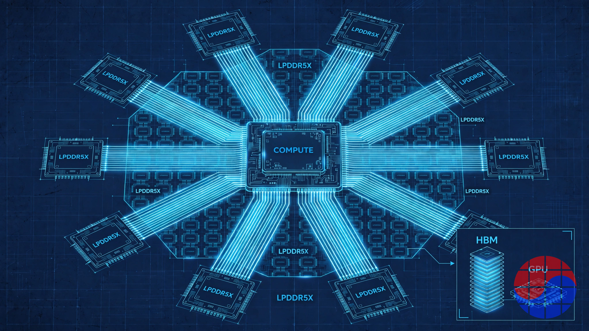 Diagram of a memory-first architecture with LPDDR5X memory packages surrounding a compute chip