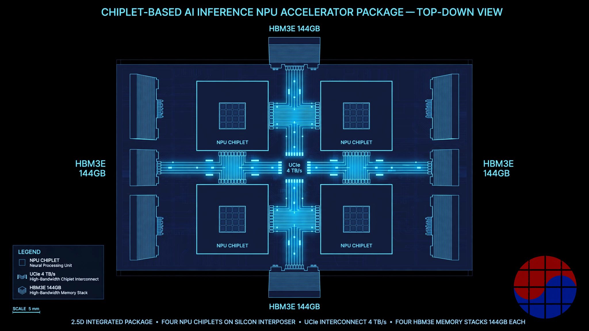 Rebel100 chiplet architecture: four NPU chiplets linked by UCIe with 144GB of HBM3E