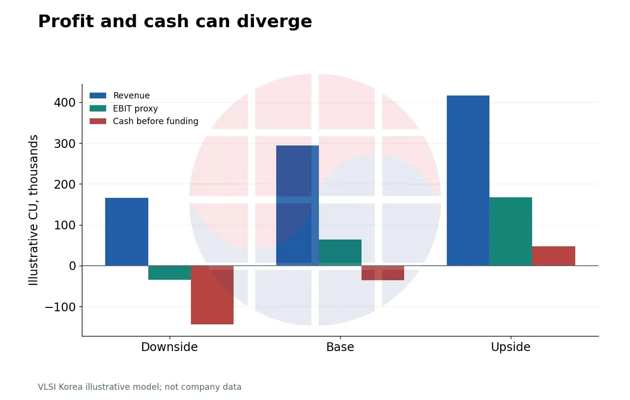 Profit and cash can diverge. Same nameplate capacity and fixed costs. Variable inputs and working capital differ by scenario; no probability is assigned.