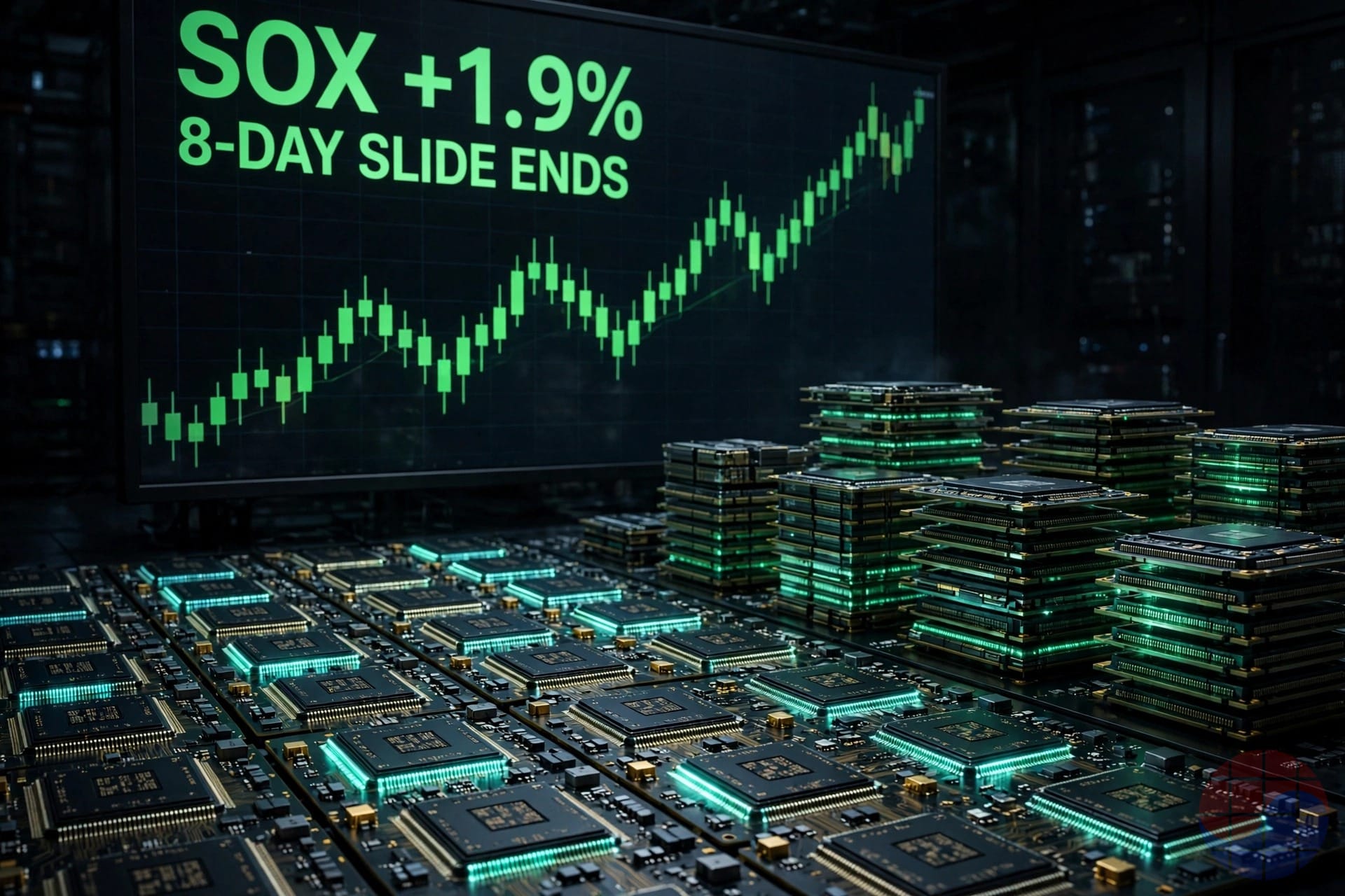 SOX +1.9% — chip stocks end 8-day slide after $2 trillion rout, October 19 2026