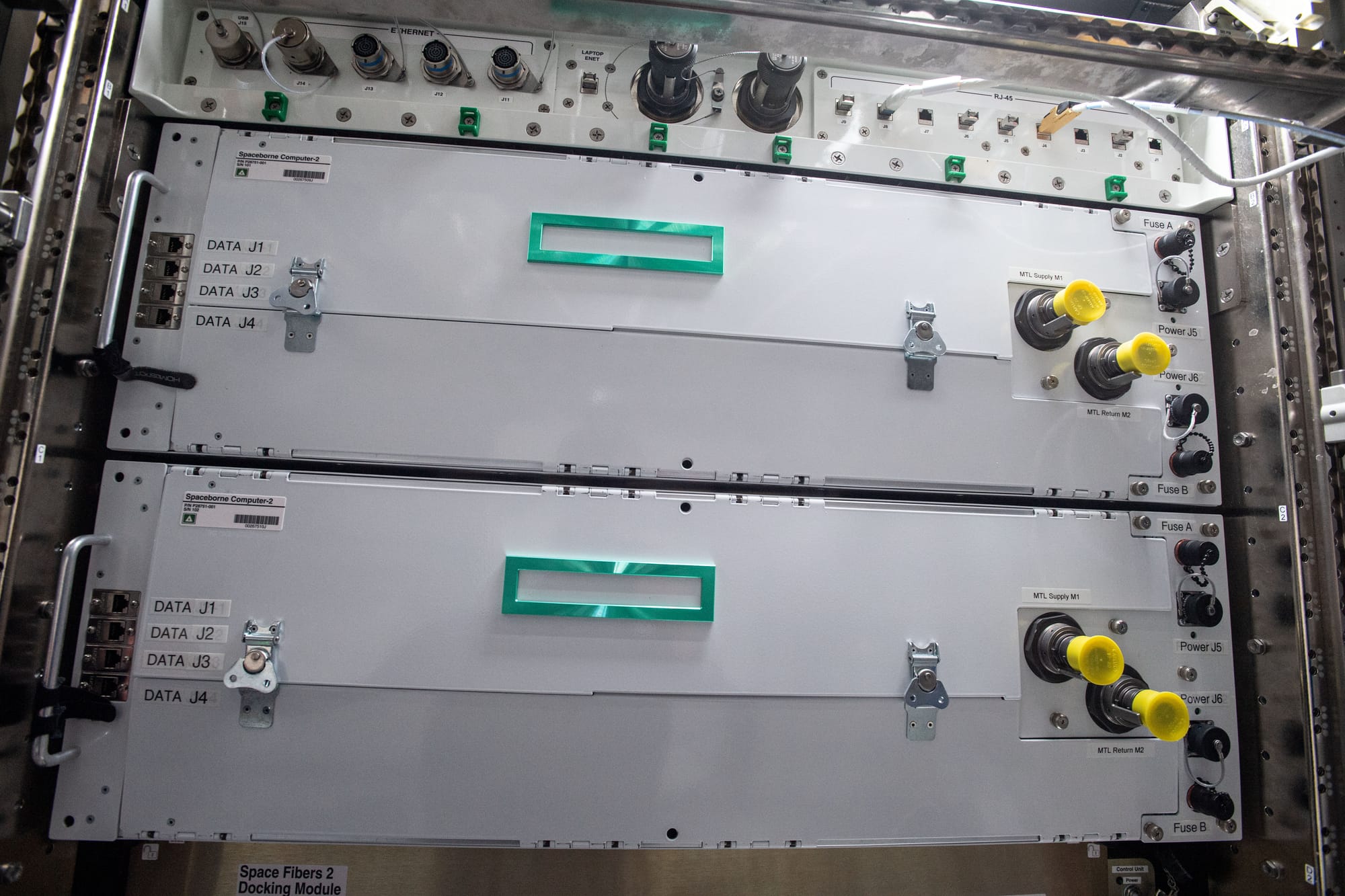 Spaceborne Computer-2 equipment mounted inside the International Space Station, photographed by Michael Hopkins on 2021-04-29.