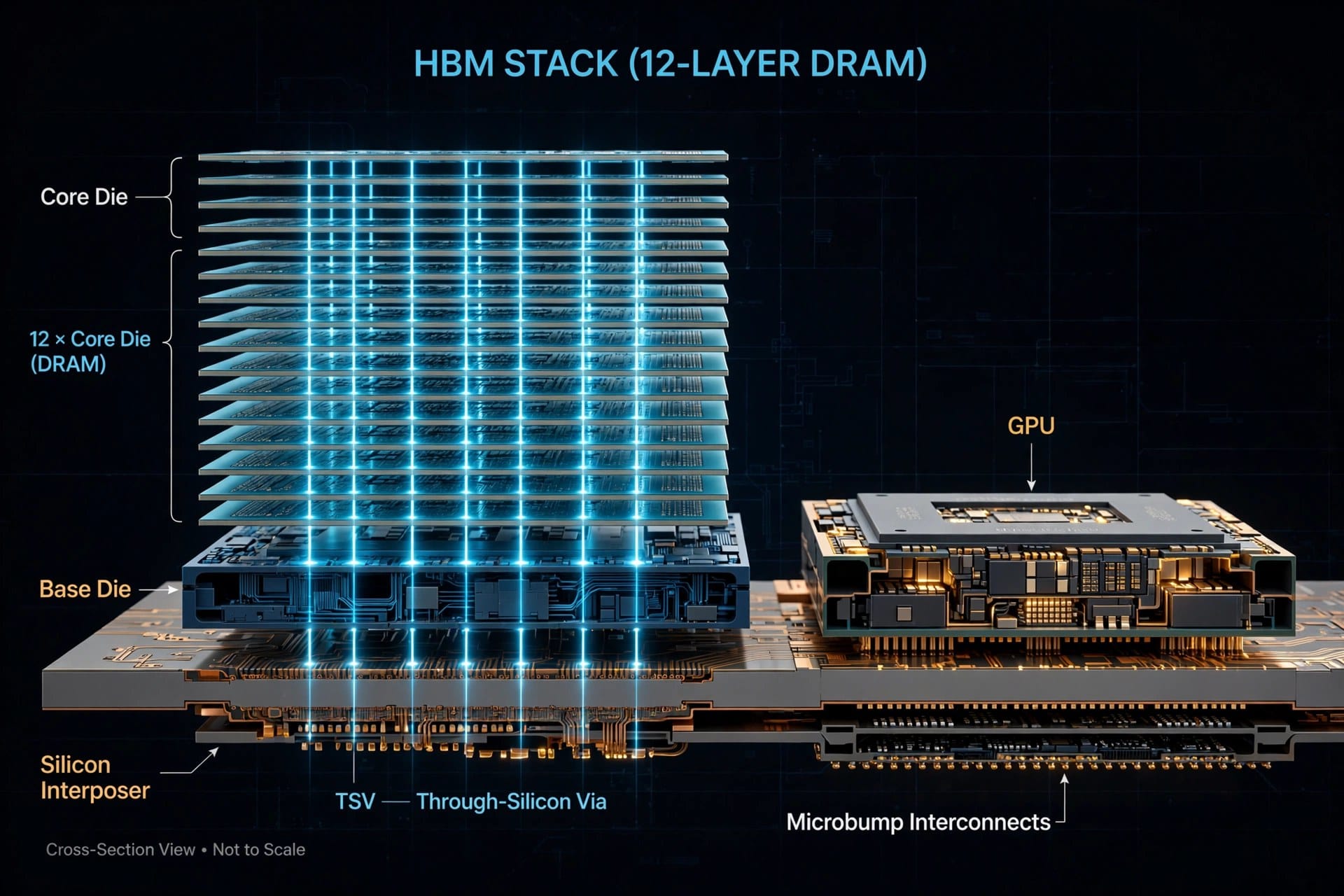 HBM Stack Structure: Core Die, Base Die and GPU