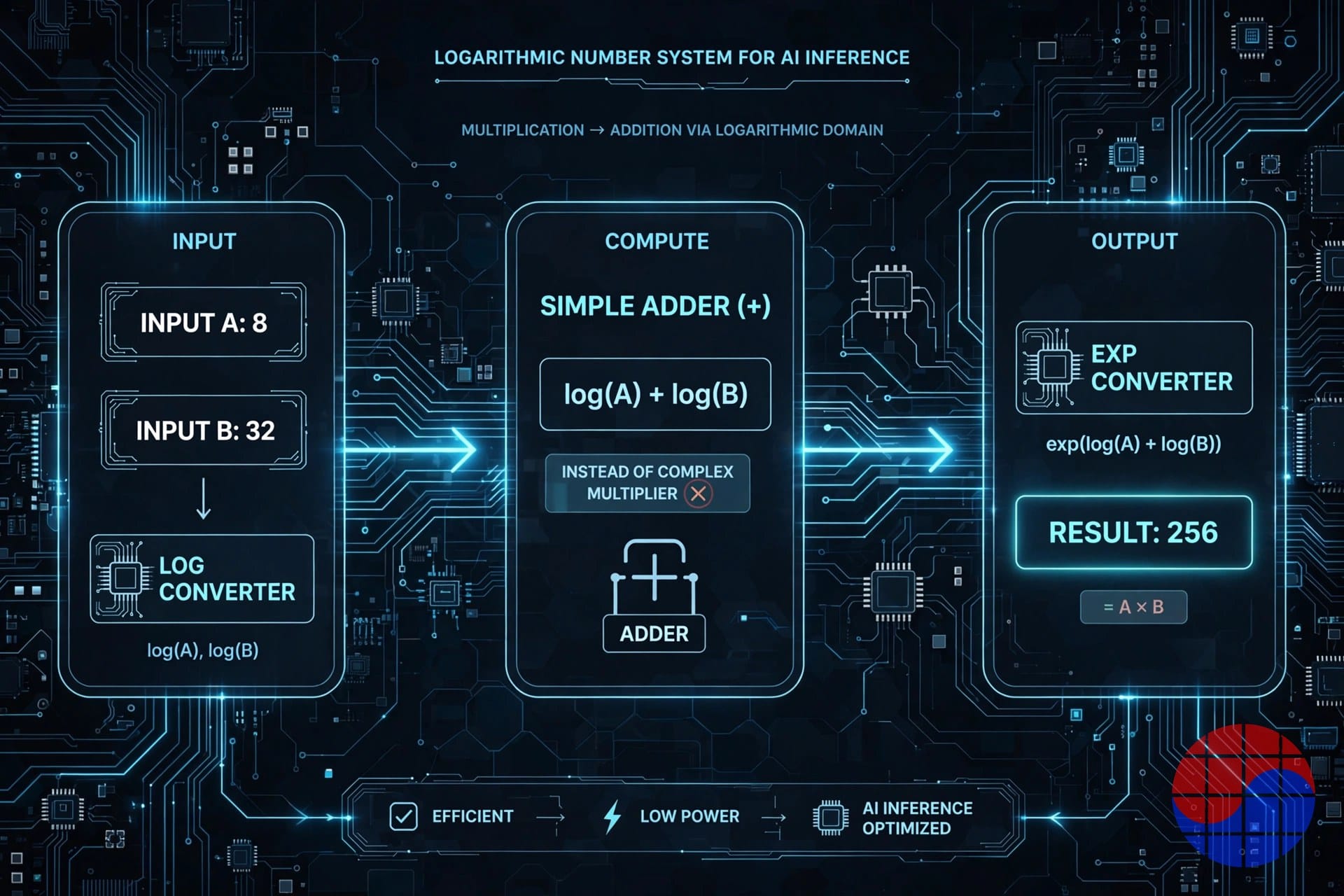 Diagram of LNS computing, where multiplication becomes addition in the log domain