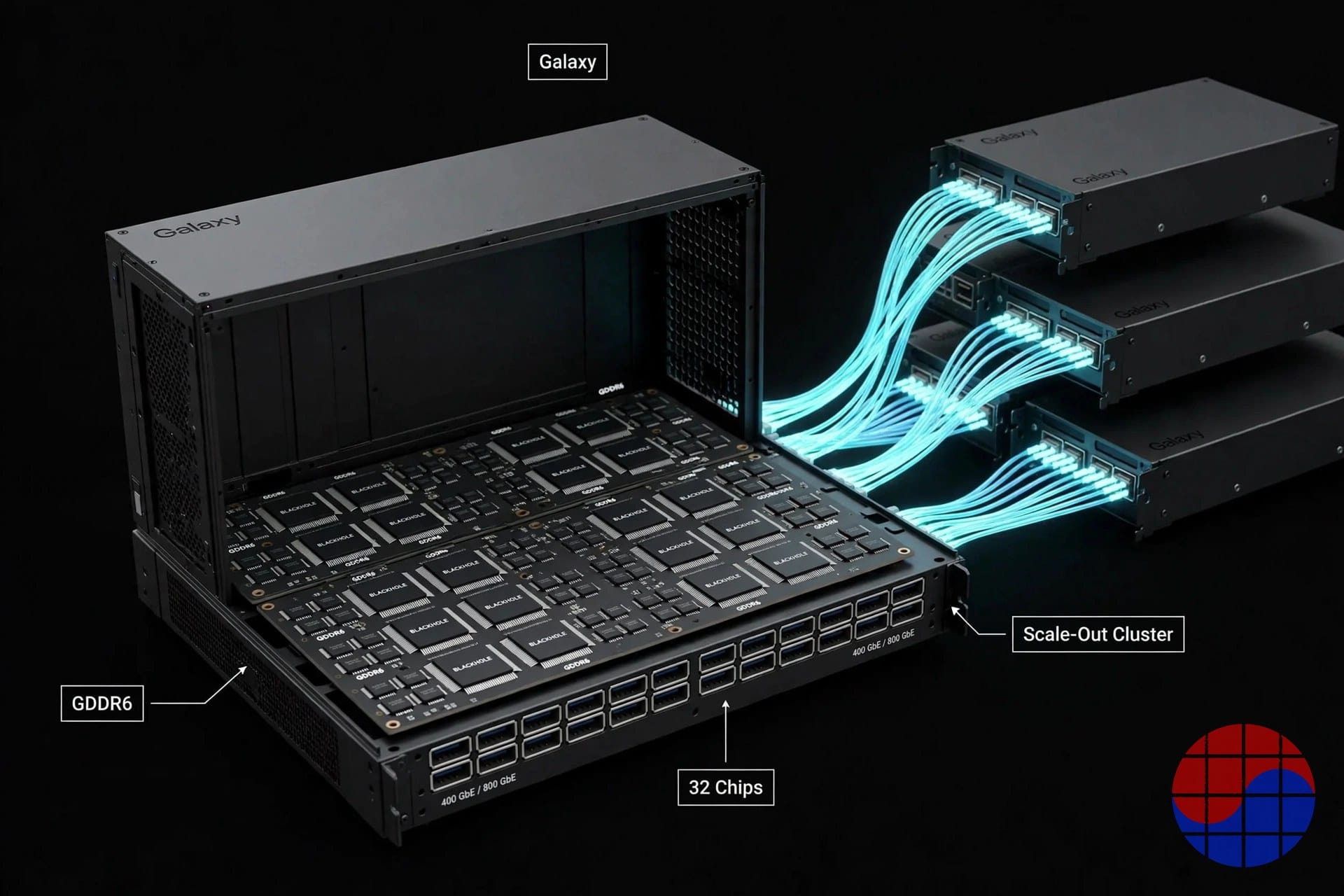 Tenstorrent Galaxy Blackhole server — 32 Blackhole chips with Ethernet scale-out