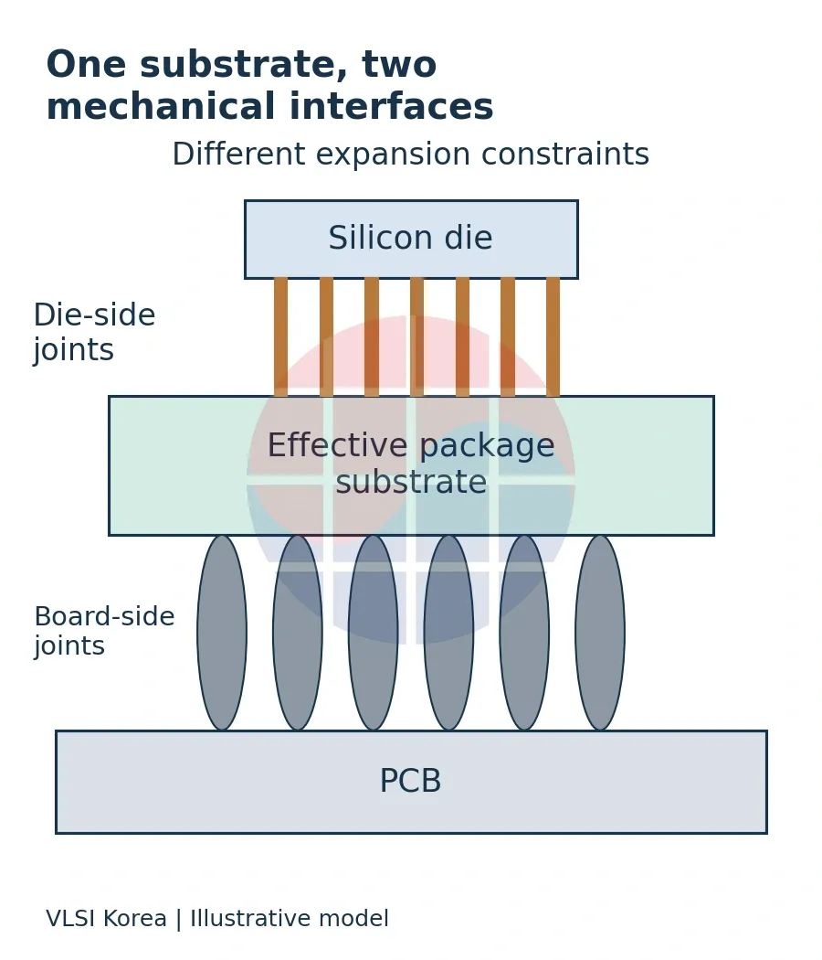 Simplified silicon, effective package substrate and PCB with distinct die-side and board-side joints