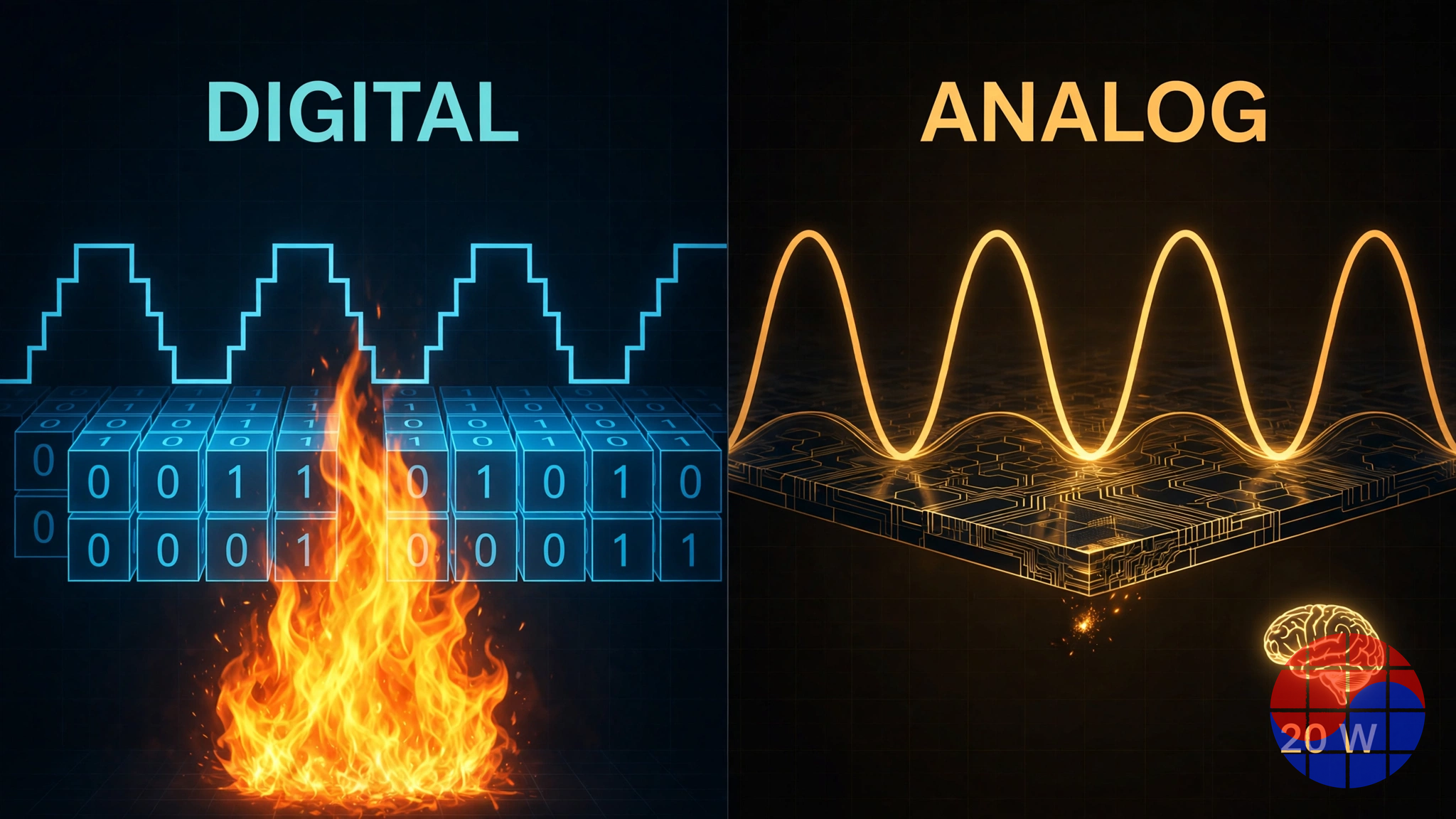 Comparison diagram of digital computing with stepped waveforms and high energy use versus analog computing with continuous waveforms and low energy use