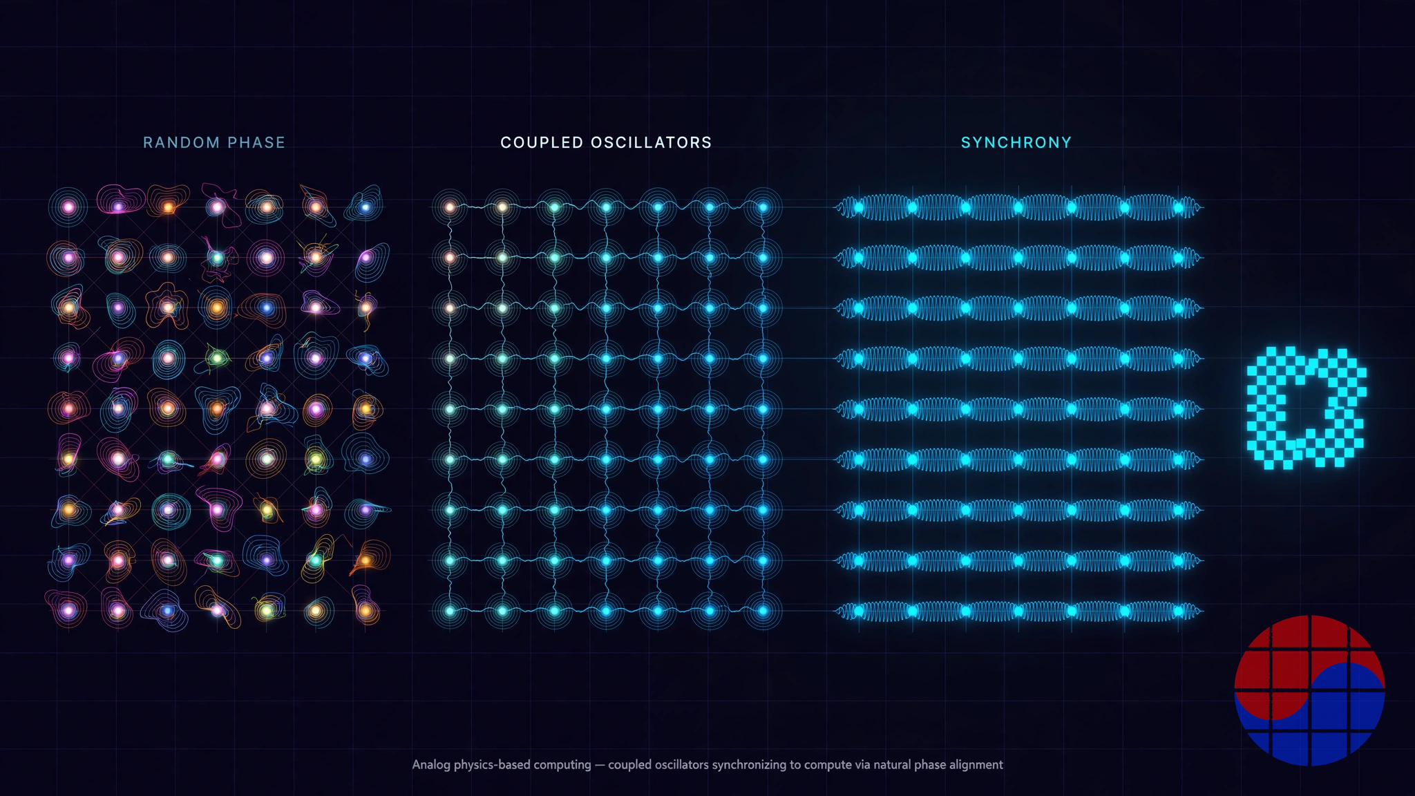 Diagram of coupled oscillators synchronizing from random phases into a coherent pattern