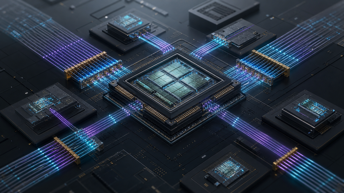 AI 가속기 패키지들을 광 I/O 칩렛과 다중 파장 광섬유가 연결하는 개념도