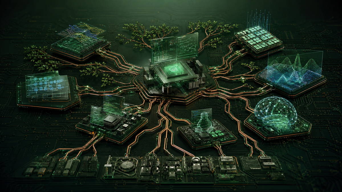 중앙 Mentor 계열 EDA 플랫폼에서 PCB, FPGA, 에뮬레이션, 임베디드와 AI 설계 노드가 나뭇가지처럼 확장되는 기술 네트워크