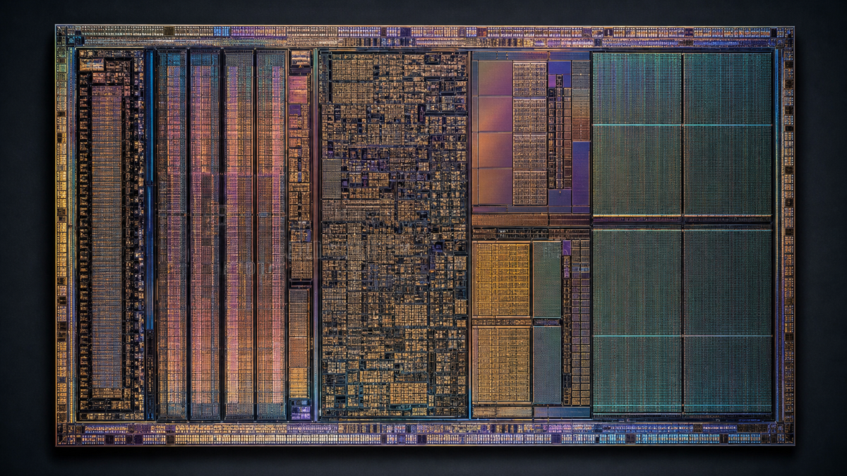 서로 다른 datapath, standard-cell logic와 memory array 질감이 한 다이에 나타난 Die Shot 판독 에디토리얼 이미지