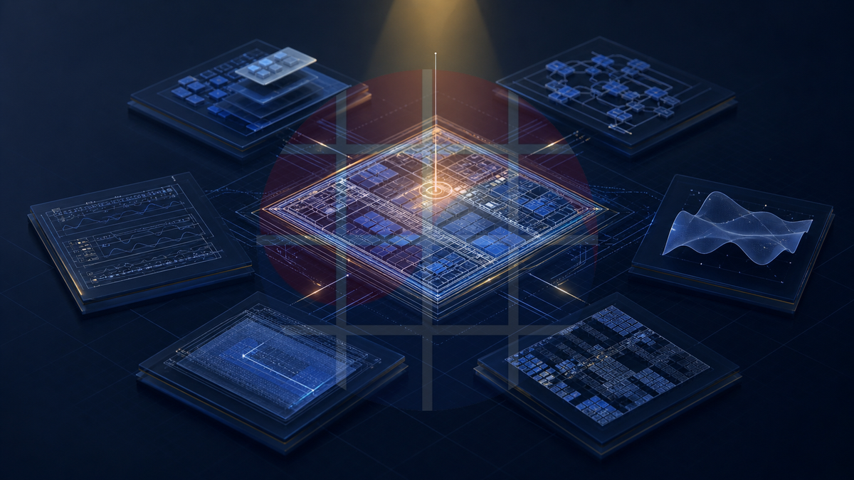 Six conceptual verification layers surrounding a central silicon floorplan in an agentic EDA editorial image