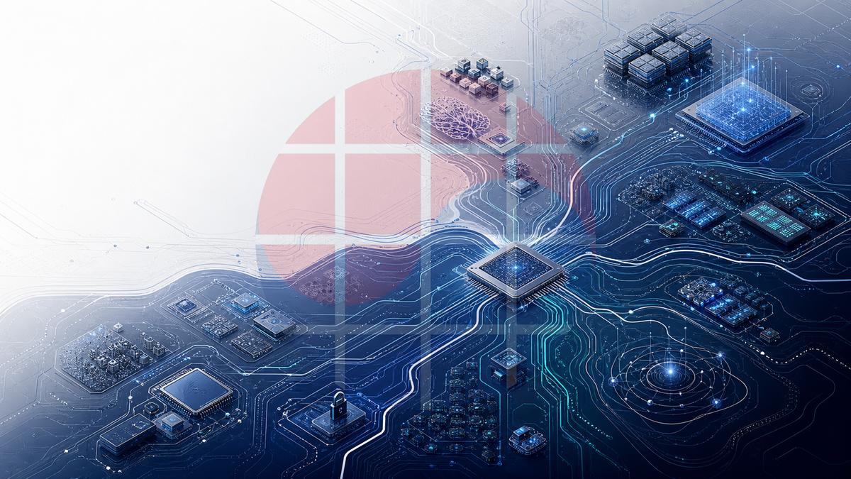 AI, EDA, chiplet, memory and security research streams converging across an abstract semiconductor map