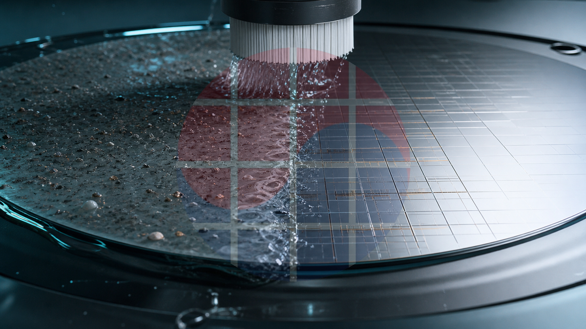 A conceptual wafer moves from slurry residue to a clean patterned surface under a controlled brush and liquid film