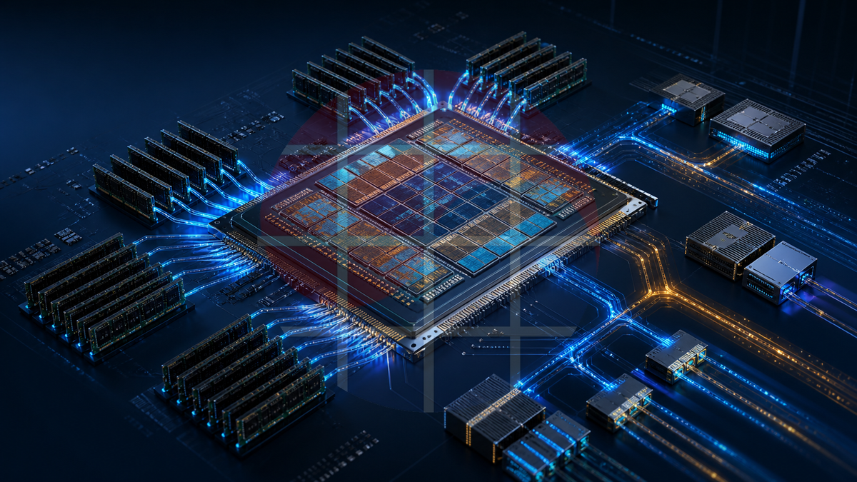 A conceptual multi-die server processor connected to sixteen memory paths and high-speed I/O links