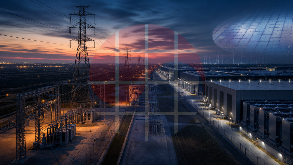 AI-assisted editorial concept linking a Texas power grid, data-center campus, and semiconductor wafer