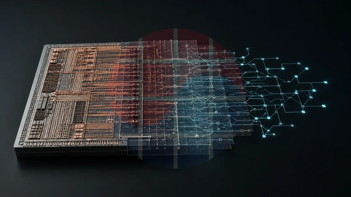 Concept illustration of an anonymous ASIC transforming from physical routing layers into a logical graph