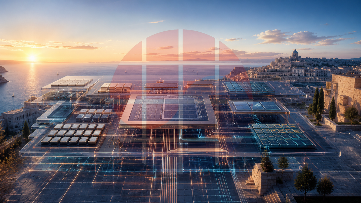 Conceptual VLSI-SoC conference image combining a Mediterranean coast with an abstract SoC floorplan