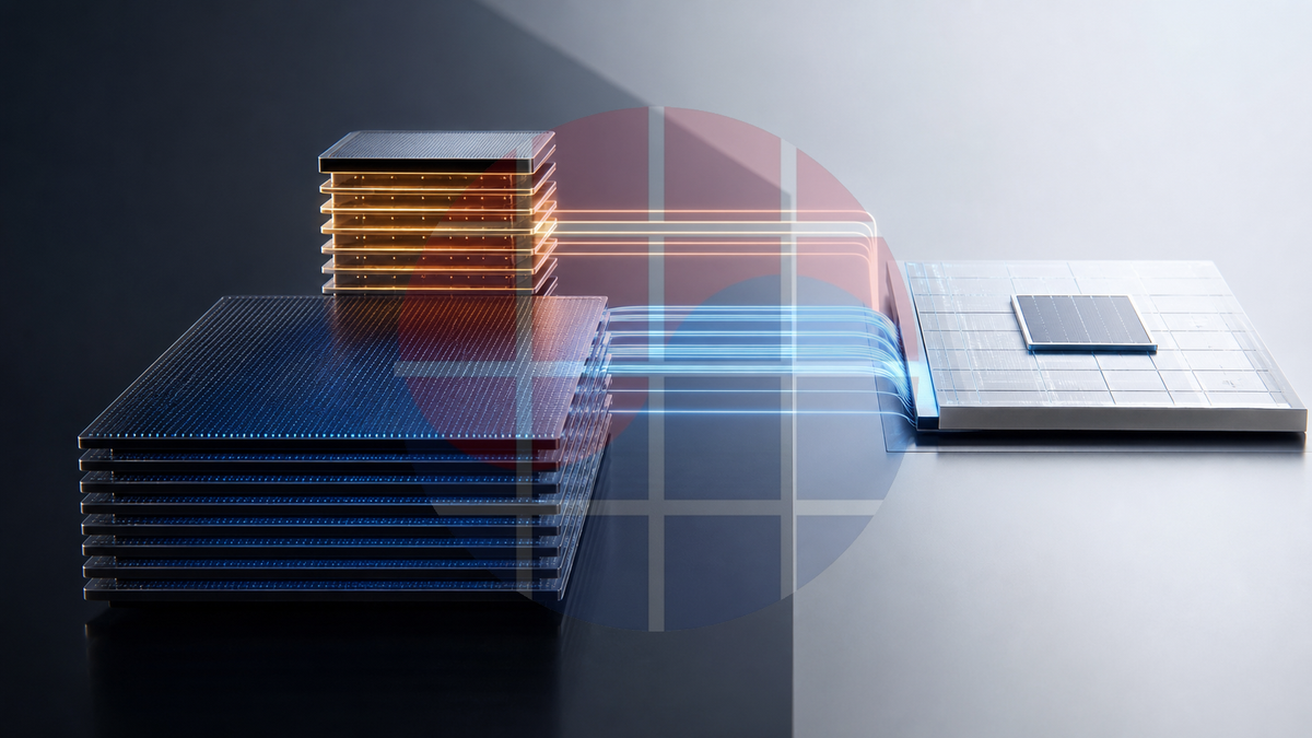 Concept illustration of a compact fast memory tier feeding a larger persistent memory tier beside AI compute