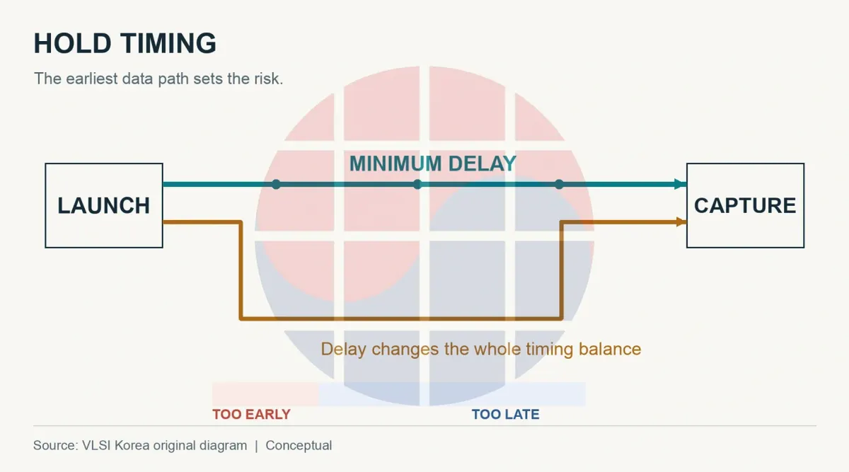 Original conceptual diagram of a direct minimum-delay path and a longer route between launch and capture registers.
