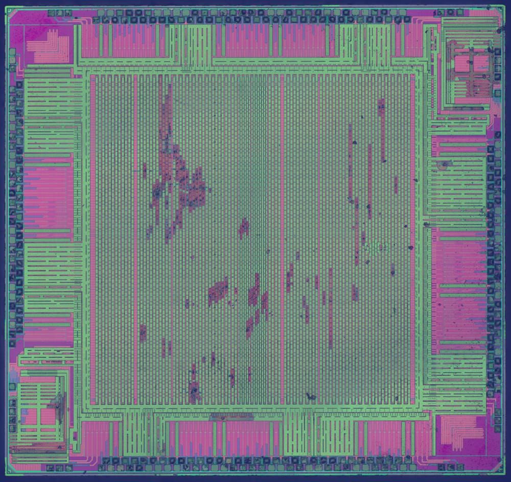 ZeptoBars photograph of an Altera Cyclone EP1C3 FPGA die, with a central logic array and surrounding input-output circuitry.