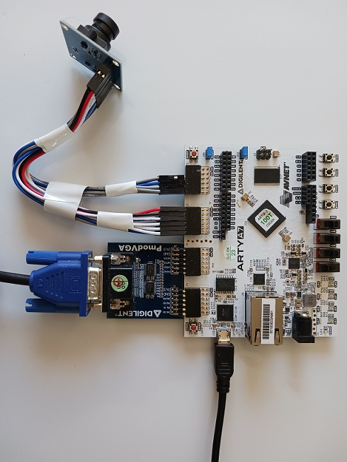 Digilent Arty A7-100T FPGA development board connected by wires to a camera and a Pmod VGA adapter