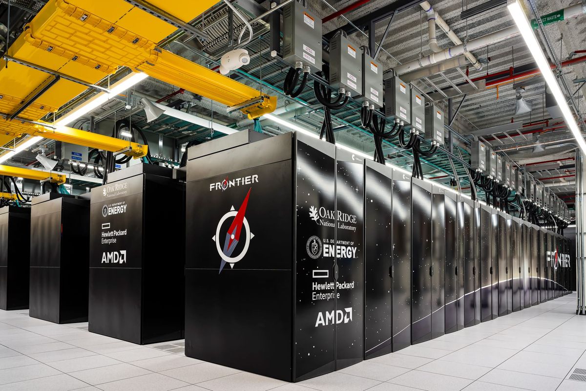 Rows of Frontier supercomputer cabinets at Oak Ridge National Laboratory, photographed on 2022-07-05