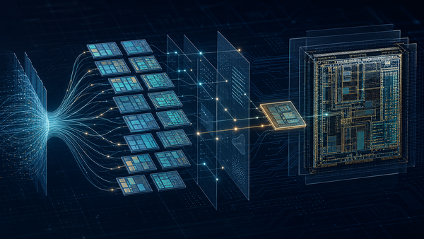 AI EDA concept in which many RTL and floorplan candidates pass through an evaluation layer and narrow into one high-fidelity silicon implementation