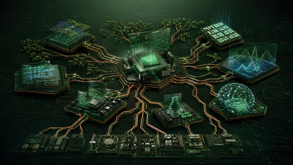 중앙 Mentor 계열 EDA 플랫폼에서 PCB, FPGA, 에뮬레이션, 임베디드와 AI 설계 노드가 나뭇가지처럼 확장되는 기술 네트워크