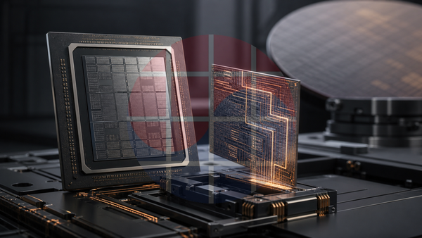 Concept illustration of a programmable AI accelerator beside a thin model-specific silicon layer