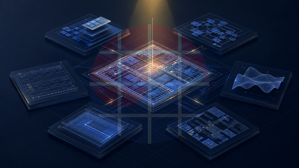 Six conceptual verification layers surrounding a central silicon floorplan in an agentic EDA editorial image