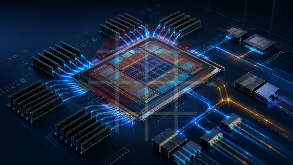 A conceptual multi-die server processor connected to sixteen memory paths and high-speed I/O links