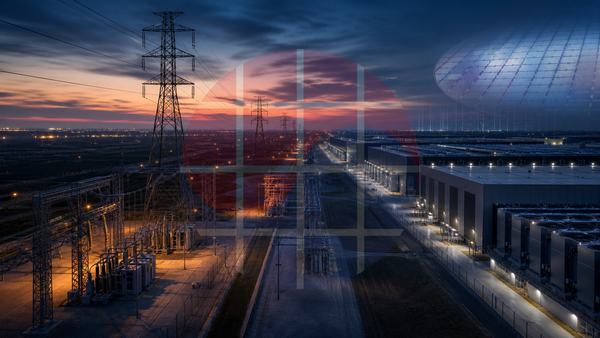 AI-assisted editorial concept linking a Texas power grid, data-center campus, and semiconductor wafer