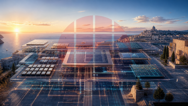 Conceptual VLSI-SoC conference image combining a Mediterranean coast with an abstract SoC floorplan