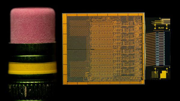 Intel optical I/O chiplet prototype disclosed in 2024, with integrated lasers. Shown as the integrated-source alternative, not an external-laser product. Credit: Intel Corporation.